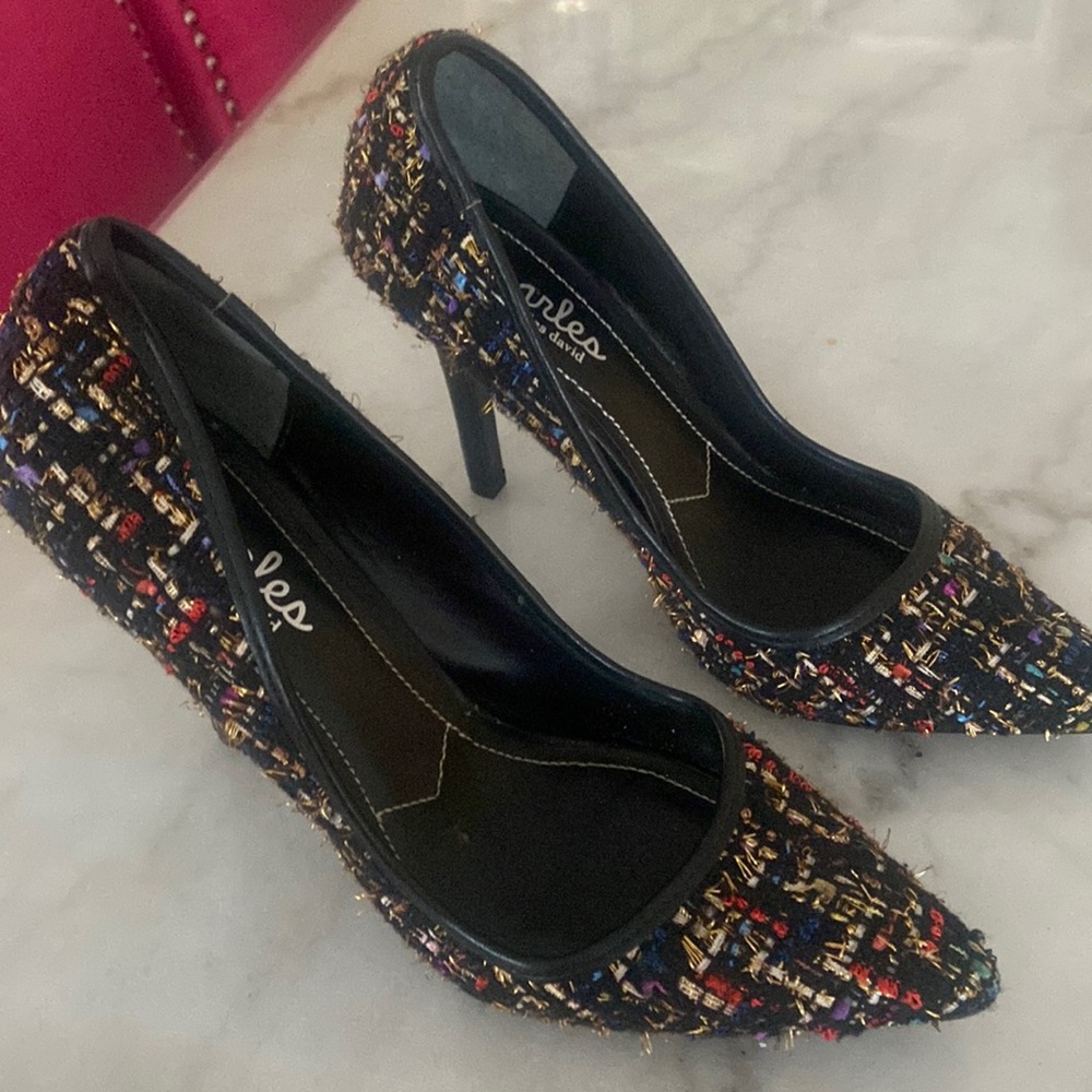 Colorful multi colored tweed pumps